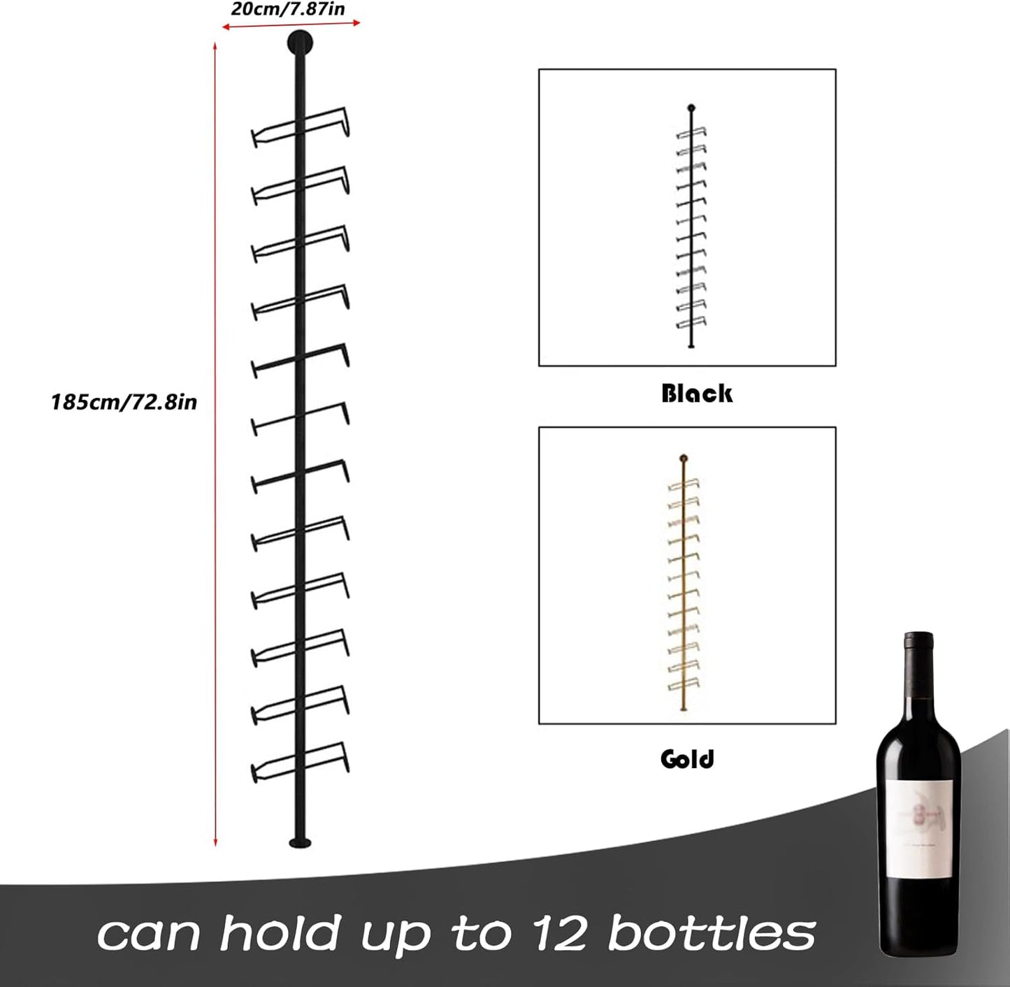 Wine Rack Wall Mounted, 72.8in High Metal Wine Bottle Holder for 12 Bottles, Kitchen Organization and Wine Storage for Commercial Restaurants Pantry Bar Wine Cellar (Black, Five rows-60 Bottles)