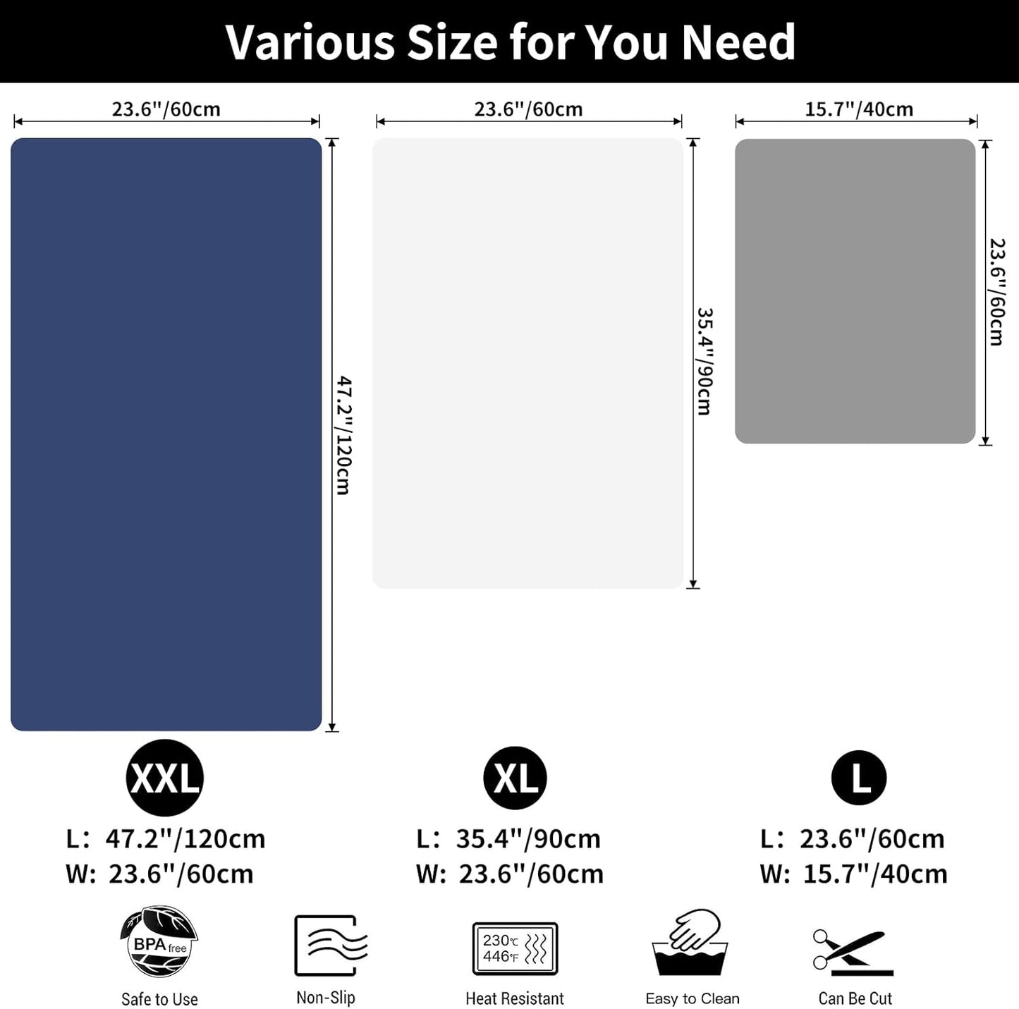 2MM Extra Thick Silicone Mats for Kitchen Counter, 23.6" x 15.7" Kitchen Island Heat-Resistant Coffee Mat, Non-slip Desk Protect Mat, Multipurpose Countertop Protector (Semitransparent)