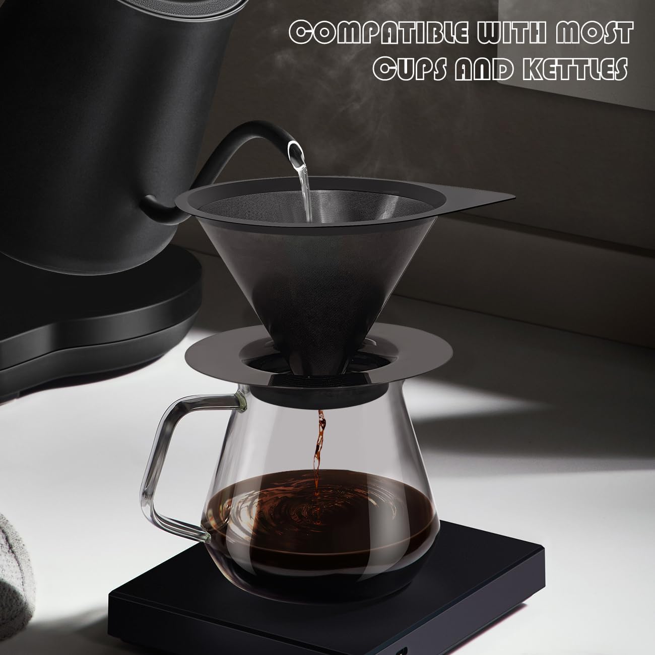 LHS Pour Over Coffee Dripper Reusable Coffee Filter Paperless Coffee Filter Stainless Steel Pour Over Coffee Maker Cone Coffee Dripper for 1-2 Cup,Black