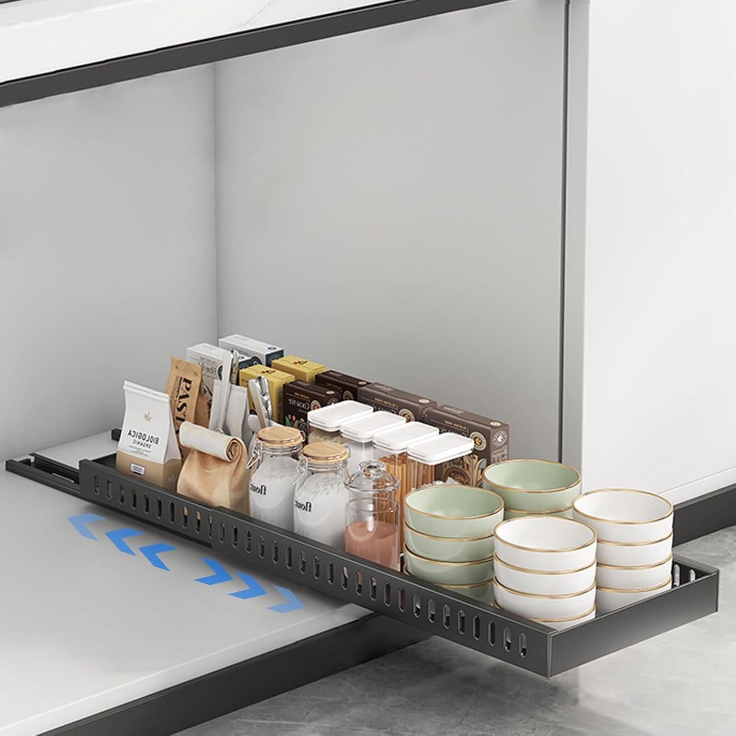 2 Pack Expandable Pots and Pans Organizer Under Cabinet, Sliding Pot Lid Holder and Pan Rack in Kitchen, Pull out Kitchen Cabinet Storage, with 10 Adjustable Dividers