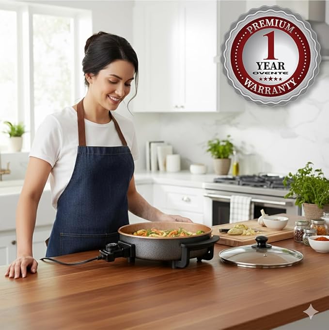 OVENTE 11.5-Inch Electric Skillet & Frying Pan, 1400W Nonstick Cooking Pan with Adjustable Temperature Control, Tempered Glass Lid with Steam Vent, Cool-Touch Handles, Easy-Clean Copper SK11112CO
