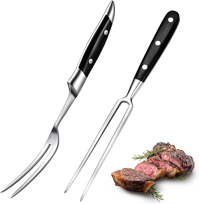 CHENGU 2 Pieces Carving Fork for Meat 12 Inch Kitchen Stainless Steel Serving Cooking with Wood Handle Classic Grill with ABS Handle Xmas Black Barbecue BBQ Fork Carving Set