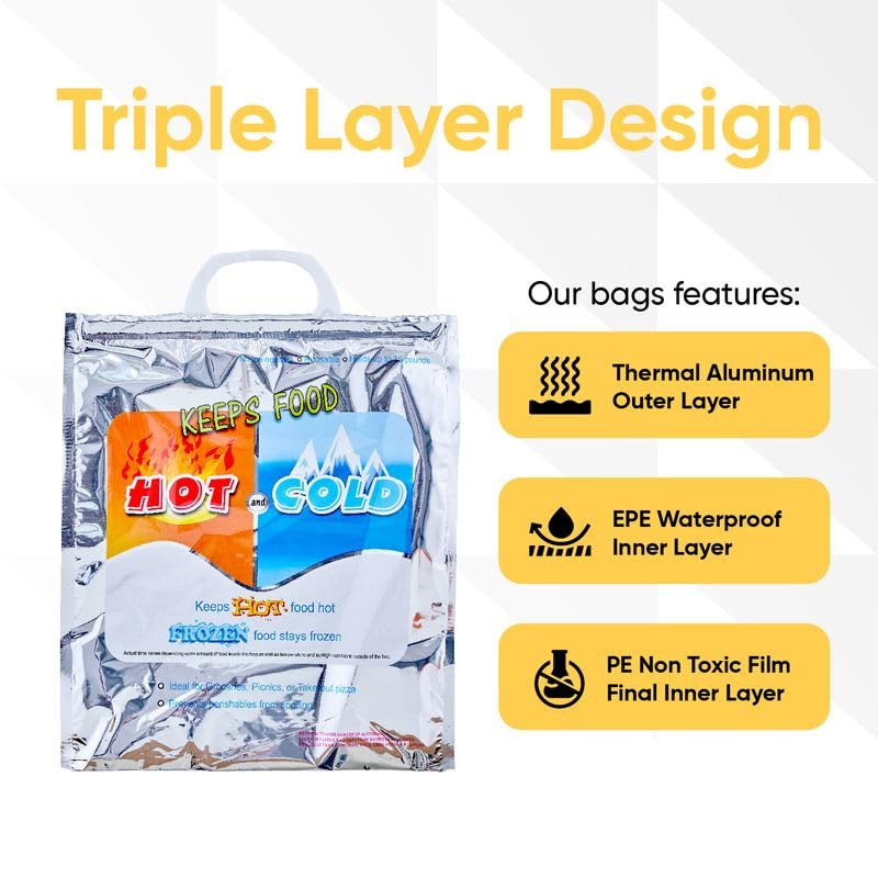 Superio Hot and Cold Insulated Bags for Food Delivery, Grocery Shopping Bags, Food Storage for Hot and Frozen Food for Travel, Disposable Cooler Bag, Reinforced Thermal Lunch Bag (10, 13.5"x17.5")