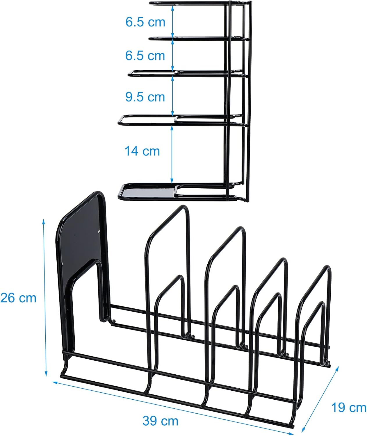 Toplife Heavy Duty Pan Organizer, 5 Tier Pot and Pan Organizer Rack for Cast Iron Skillets, Griddles and Pots - Sturdy Steel Construction- No Assembly Required - Black