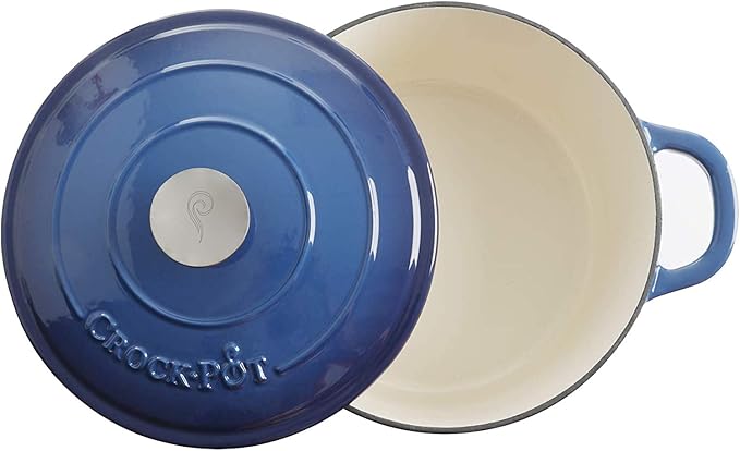 Crock-Pot Artisan 5-Quart Round Enameled Cast Iron Dutch Oven – Blue, Durable Heavy-Duty Cookware for Slow Cooking, Roasting, Baking with Lid