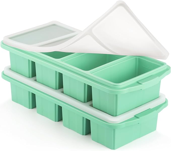 Ztomine Silicone Freezer Tray With Lid - Silicone Freezer Food Molds- Large Ice Cube Tray,Silicone Freezer Container,Freeze & Store Soup, Sauce, Broth,Leftovers - Makes 4 Perfect 1 Cup