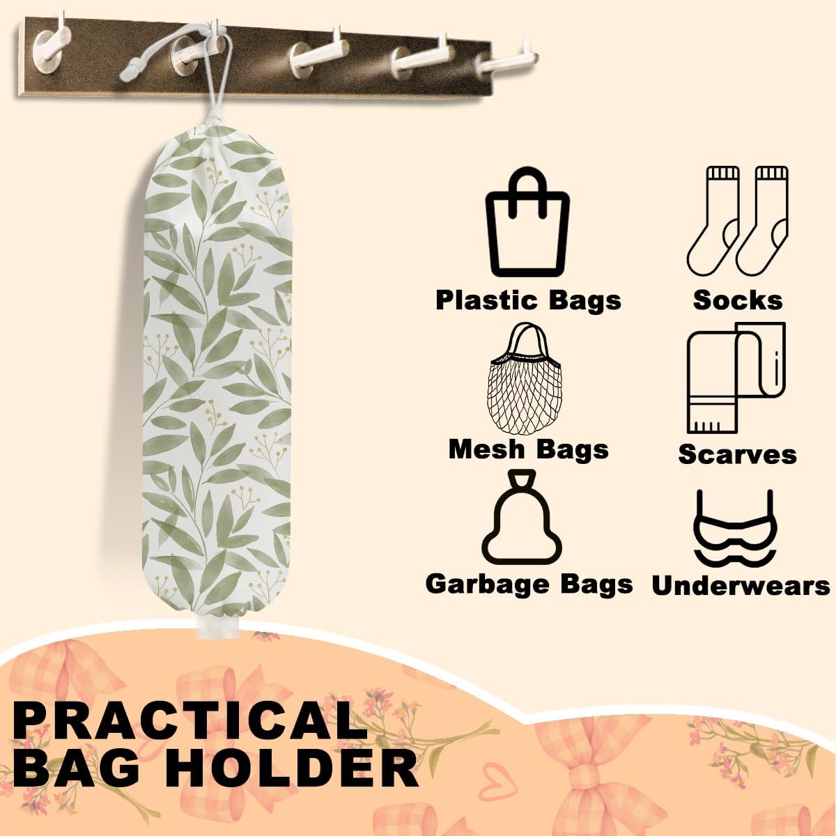 Watercolor Leaves Plastic Bag Holder, Wall Mount Grocery Bag Holder for Plastic Bags, Cottage Core Rustic Leaves Reusable Grocery Bags Storage Dispenser, Farmhouse Home Kitchen Decor