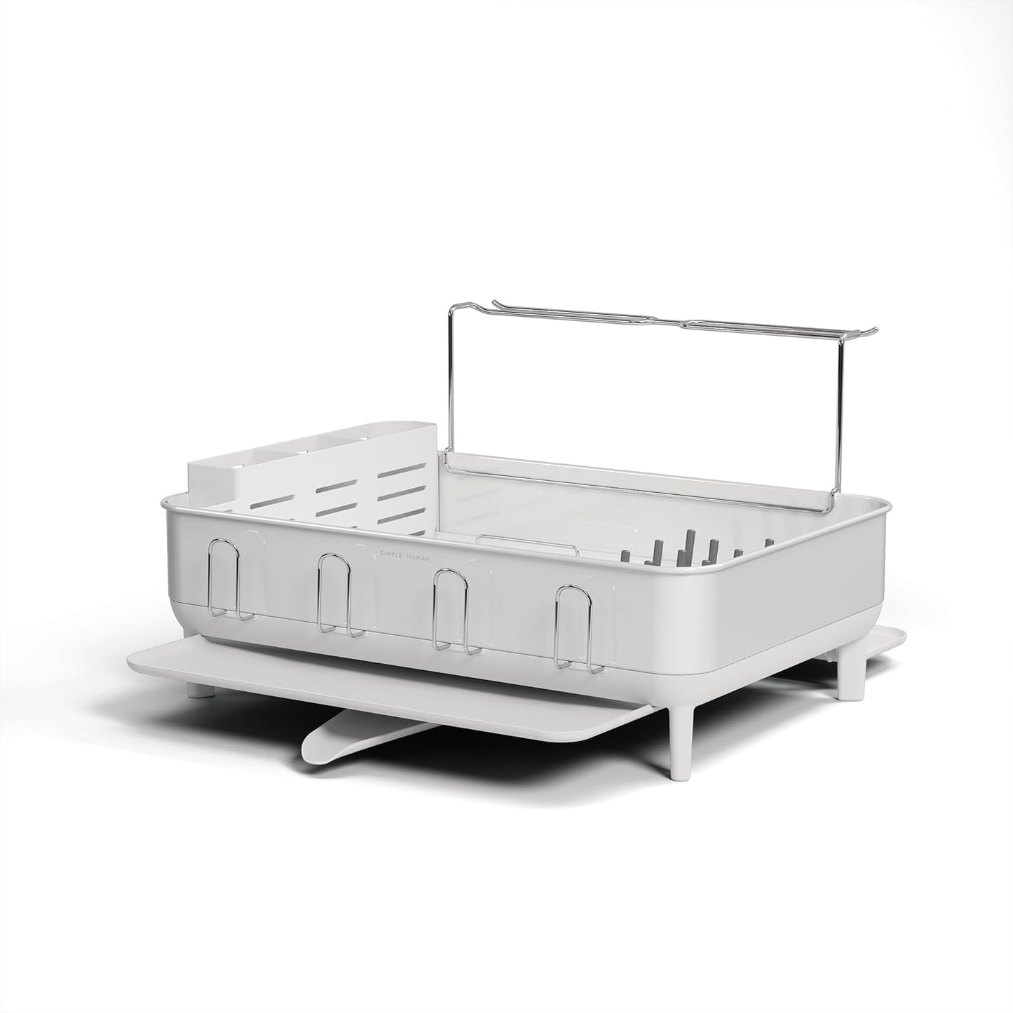 simplehuman Large Capacity Dish Drying Rack with Stainless Steel Frame, 360º Easy Drain Swivel Spout, Utensil & Wine Glass Holder, Anti-Residue Coating, Moisture Control Surface, White
