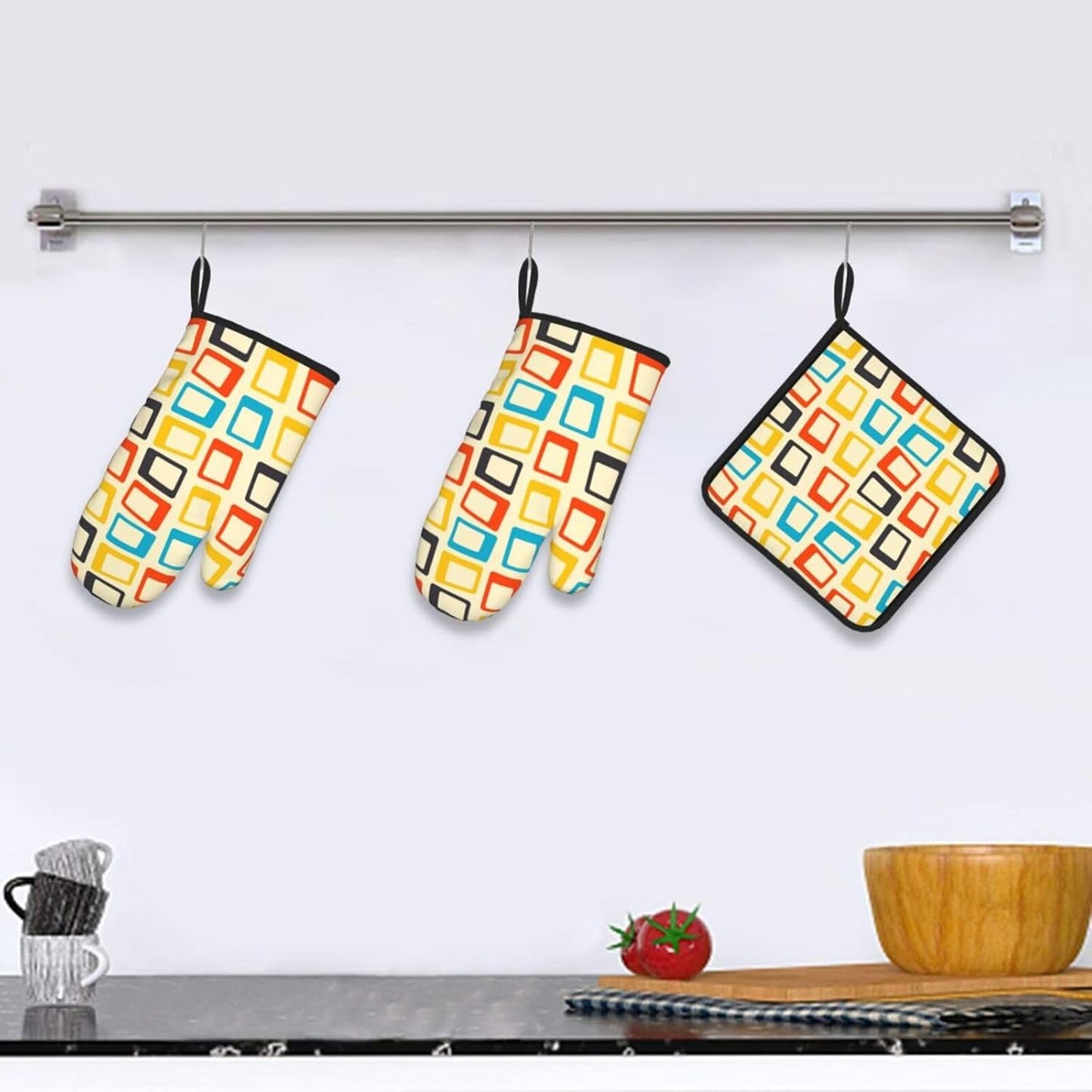 Mid Century Modern Oven Mitts and Pot Holders Sets of 3 Retro Heat Resistant Non Slip BBQ Gloves for Cooking Grilling Baking Kitchen Decor
