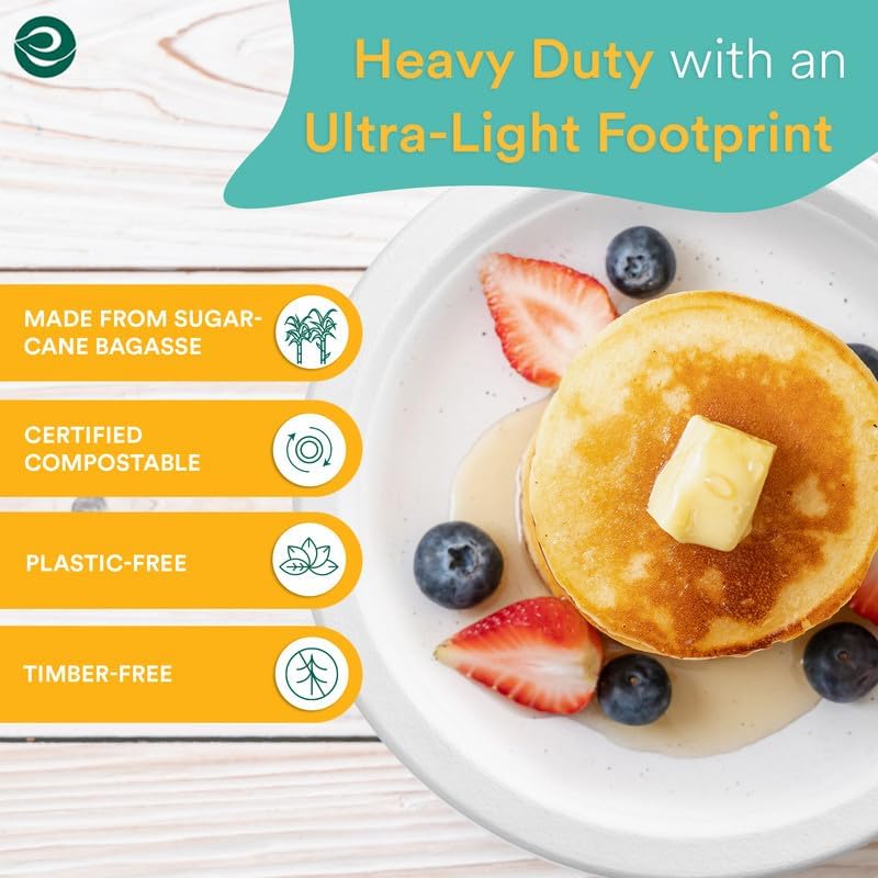 ECO SOUL Pearl White 9 Inch 200 [2x100 Pc] Paper Plates | 100% Compostable Disposable Bagasse I Heavy Duty Eco-Friendly Dinner Plates I Biodegradable Plates