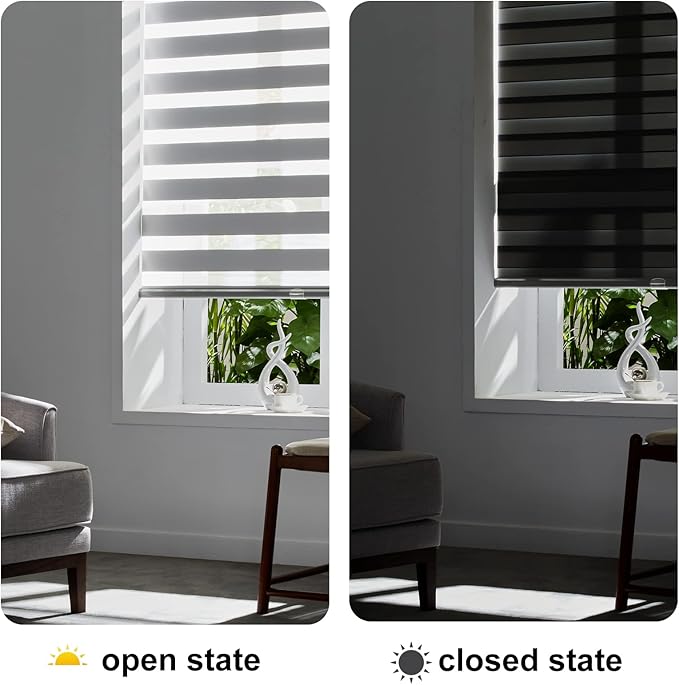 Persilux Cordless Zebra Blinds for Windows (45" W X 64" H, Grey) Free-Stop Dual Layer Roller Windows Shades for Day and Night, Light Filtering Sheer Shades for Home, Easy to Install