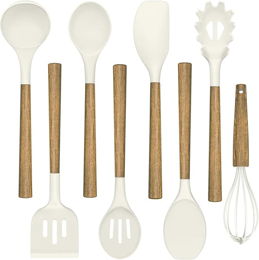Non-Stick Silicone Kitchen Utensils Set with Natural Acacia Hard Wood Handle, Umite Chef 8 Pieces Kitchen Spatulas set, White, BPA Free, Baking, Serving and Cooking Utensils