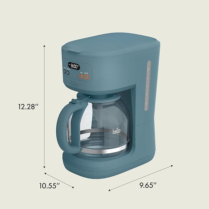 bella 12 Cup Programmable Coffee Marker, Reusable Dishwasher Safe Accessories, Easy LCD diaply, Auto Shutoff, 900 watt, Surf