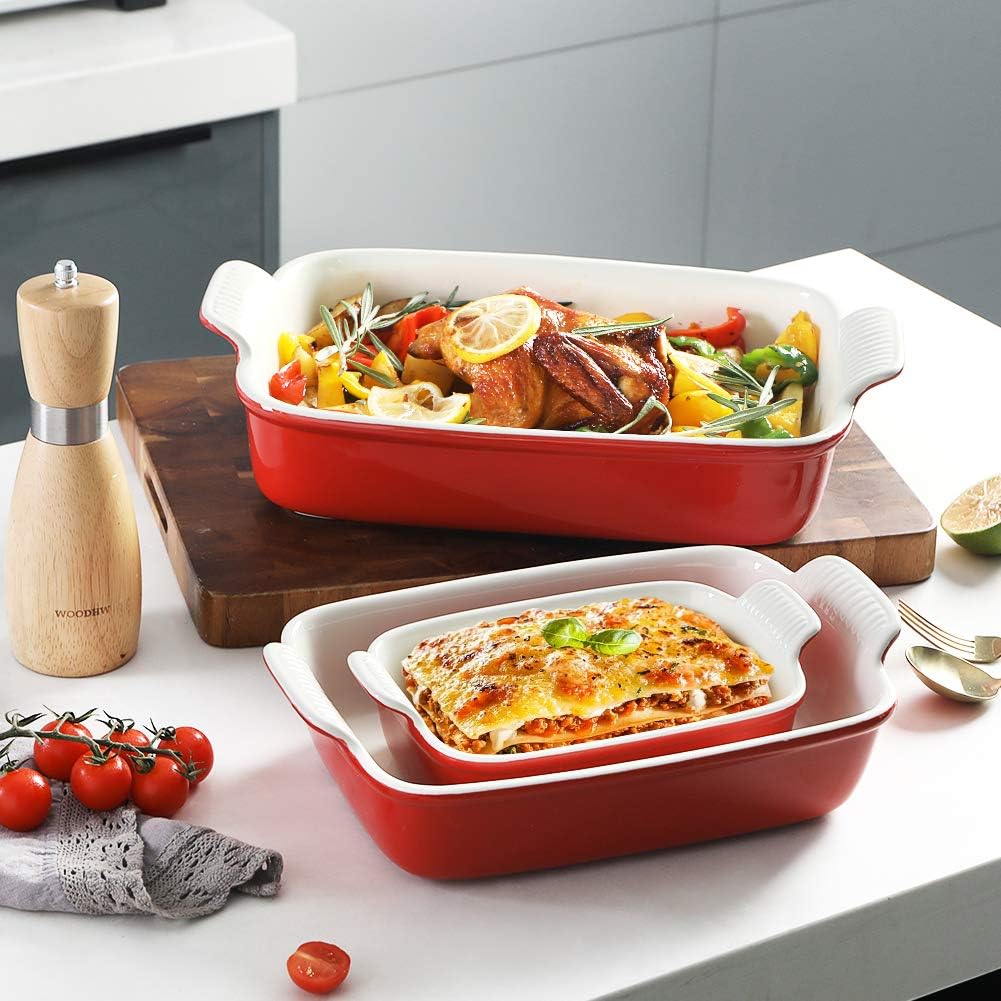 Sweejar Baking Pans Set, Ceramic 9x13 Baking Dish with Handle, Rectangular Casserole Dishes for Oven, Bakeware Sets of 3, Durable Lasagna Pan Deep for Kitchen, Banquet, Wedding Gift(Red)