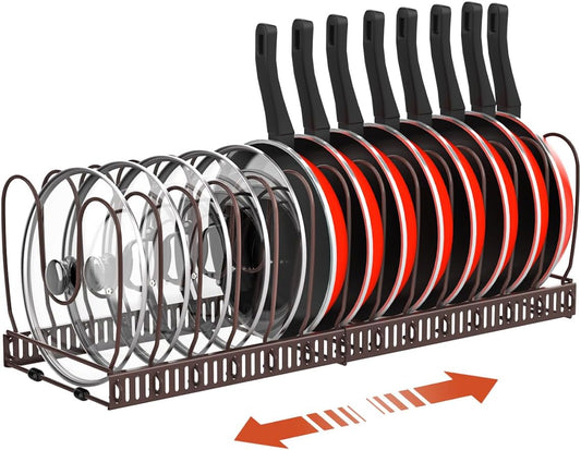 Housolution Pot and Pan Organizer Rack for Cabinet, Expandable Pot Lid Organizer with 14 Adjustable Dividers, Pan Holder Storage Rack for Kitchen Cabinet, Bronze