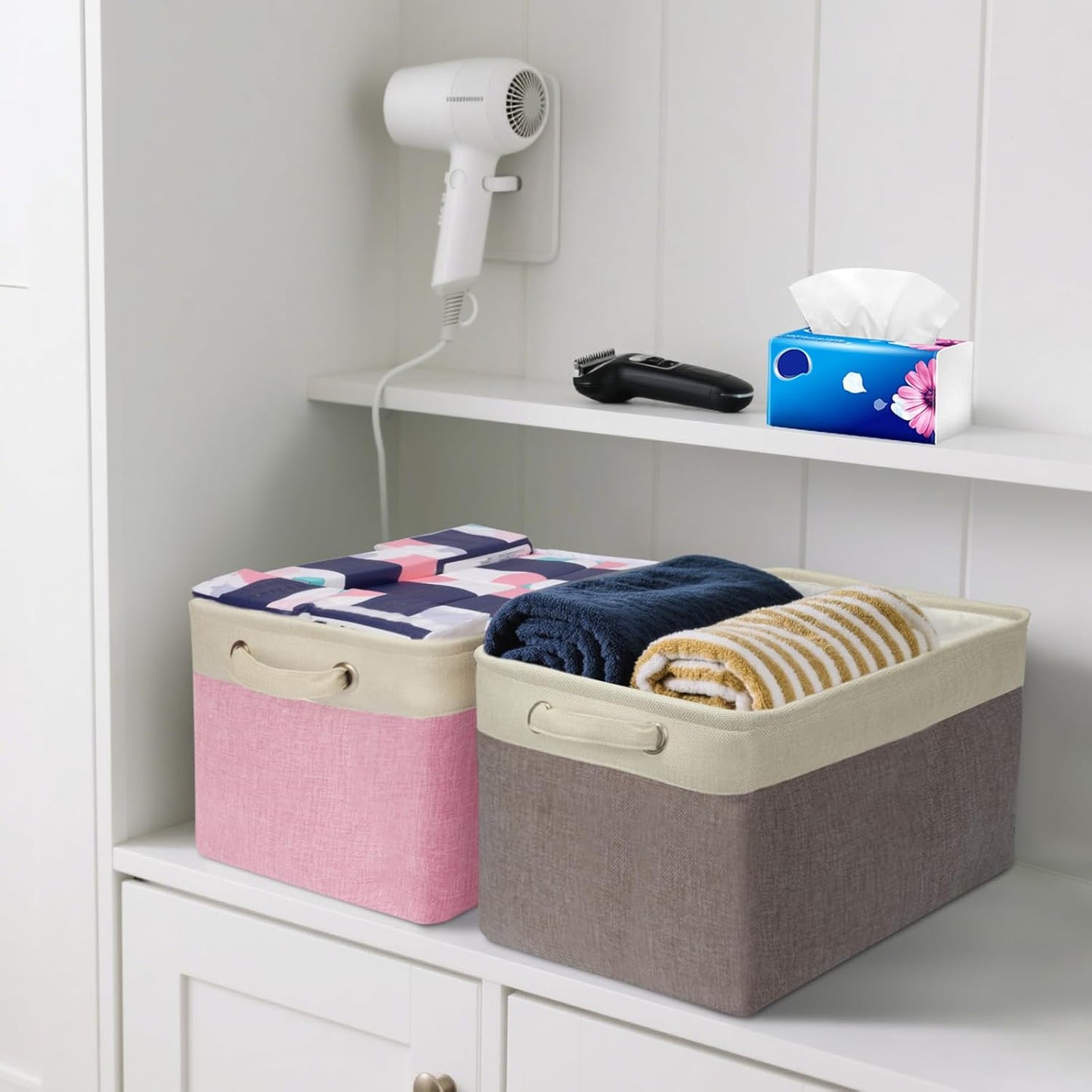BALEINE 1 Pack Fabric Storage Bins for Shelves, Linen Storage Baskets for Organizing, Decorative Closet Bins for Clothes, Home (Brown, 15''x11''x9.5'')