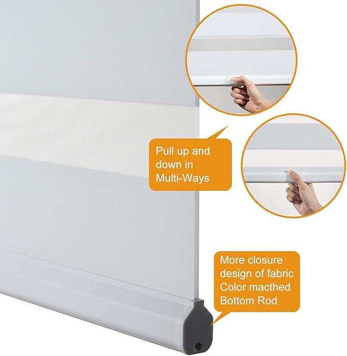 Persilux Cordless Zebra Blinds for Windows Shades (17" W x 64" H, White) Dual Layer Fabric for Day and Night Thermal Roller Shades, Free-Stop Room Darkening Sheer Shades for Home, Office and Bedroom
