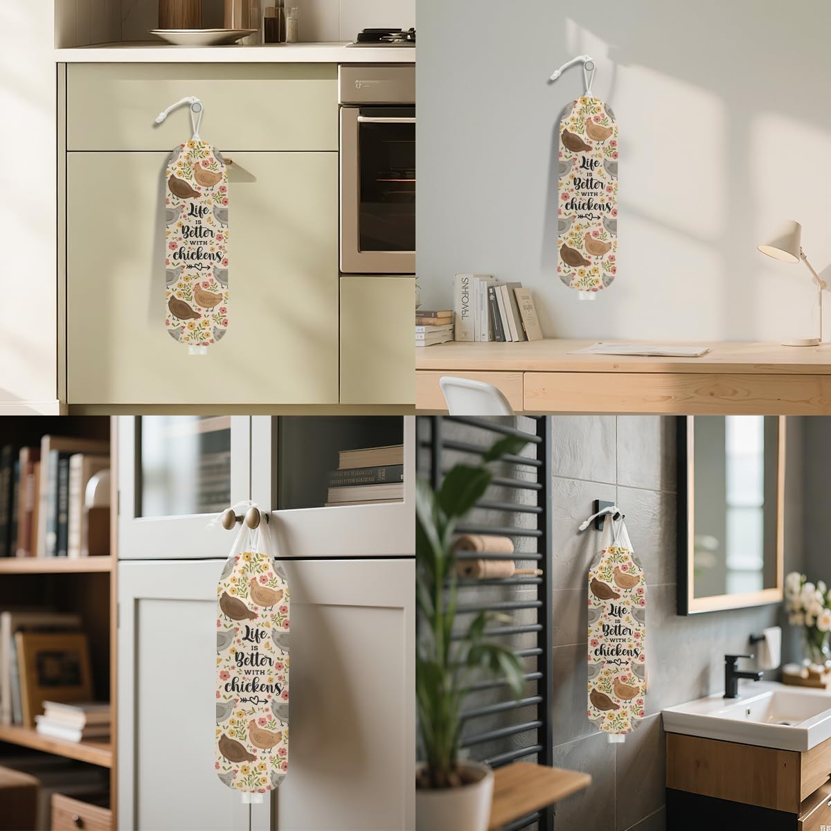 Rustic Chicken Plastic Bag Holder, Vintage Chickens Grocery Bag Holder for Plastic Bags, Pull Rope Free Adjustment, Floral Grocery Bags Storage Dispenser for Home Kitchen, Chicken Gifts for Women