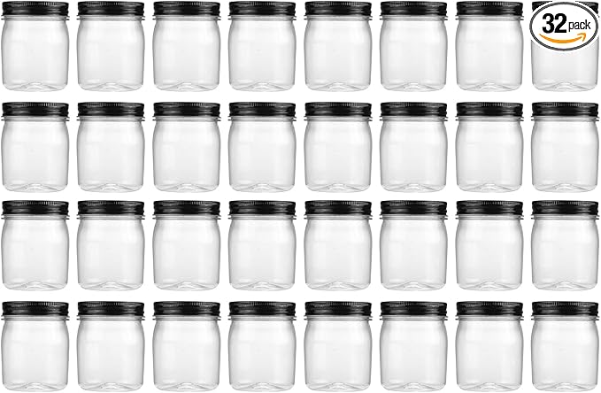 novelinks 8 oz Clear Plastic Jars with Airtight Lids, 32 Pack Plastic Mason Jars with Lids 8oz, Refillable Storage Slime Containers & Small Spice Jar for Kitchen Organization (32 Pack,Black)
