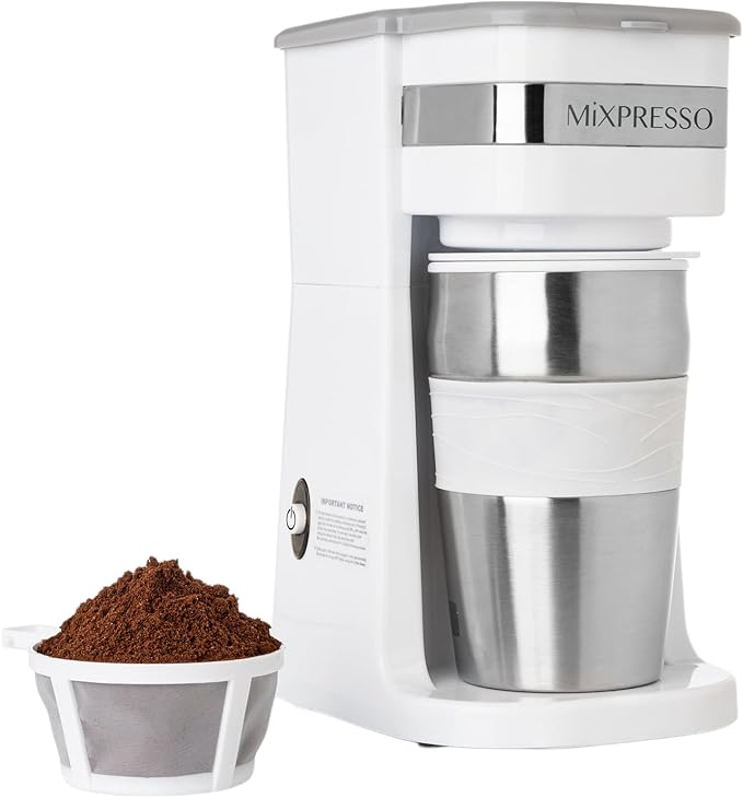 Mixpresso White Personal Single Serve Coffee Maker with 14oz Travel Mug, Drip Small Coffee Maker with Auto Shut Off, Reusable Filter, Works with Ground Coffee Only – Not for K-Cup Pods