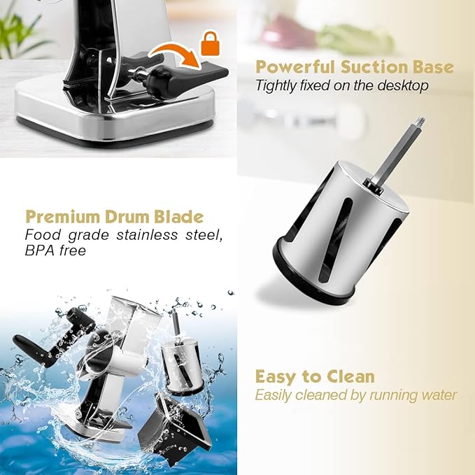 LHS Rotary Cheese Grater Stainless Steel Manual Cheese Shredder Grater Walnuts Grinder with 3 Interchangeable Drum Blades for Chocolate, Cheese and Nuts