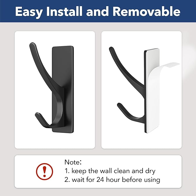 pickpiff Self Adhesive Coat Hooks for Hanging: Heavy Duty Stainless Wall Hook for Towel, Backpack, Hat, Sturdy Metal Hanger for Bathroom, Bedroom, Door, 4-Pack, Matt Black