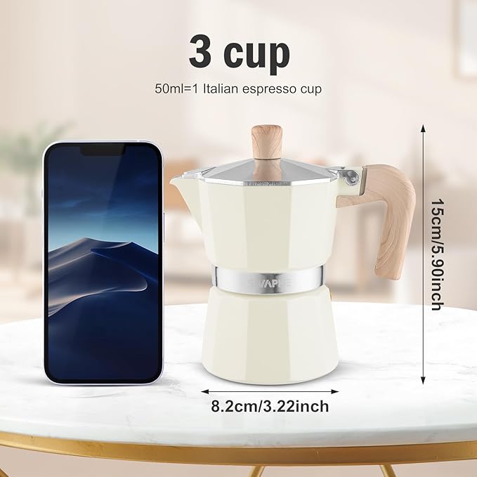 Sivaphe Aluminum Moka Pot 3 Espresso Cups, Percolator Espresso and Coffee Maker, Portable Stovetop Italian and Cuban Café Brewer for Home and Camping White