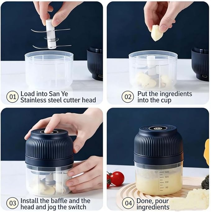 Electric Garlic Chopper, Mini Portable Veggie Cutter with 4/6 Stainless Steel Blades, Portable Wireless Rechargeable Mini Electric Garlic Food Chopper for Garlic, Onion, Chili, Nuts (2PCS-C,320ML)