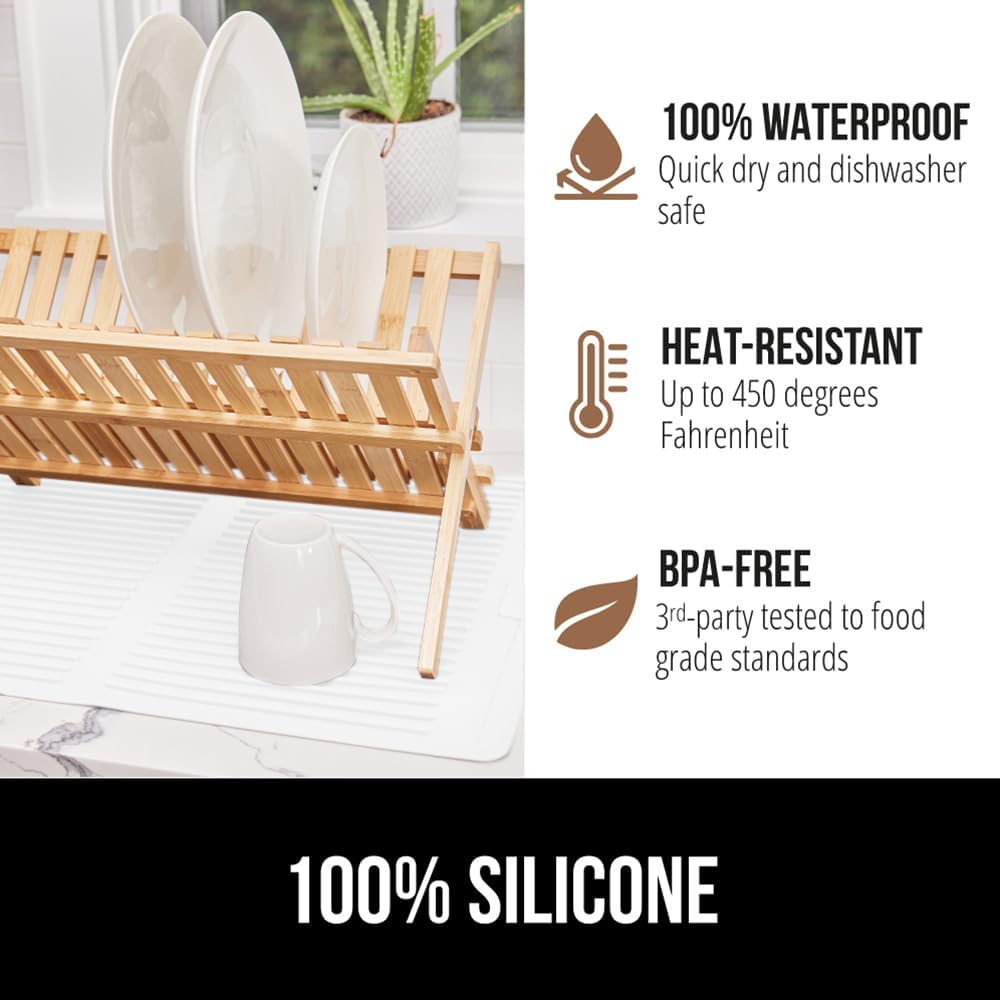 GORILLA GRIP 100% BPA-Free Patented Silicone Dish Drying Mat for Kitchen Counter, 18x16 Inch, Water Catching Ribbed Design, Easy Clean Waterproof Sink Liner, Heat Resistant, Fits Under Rack, White