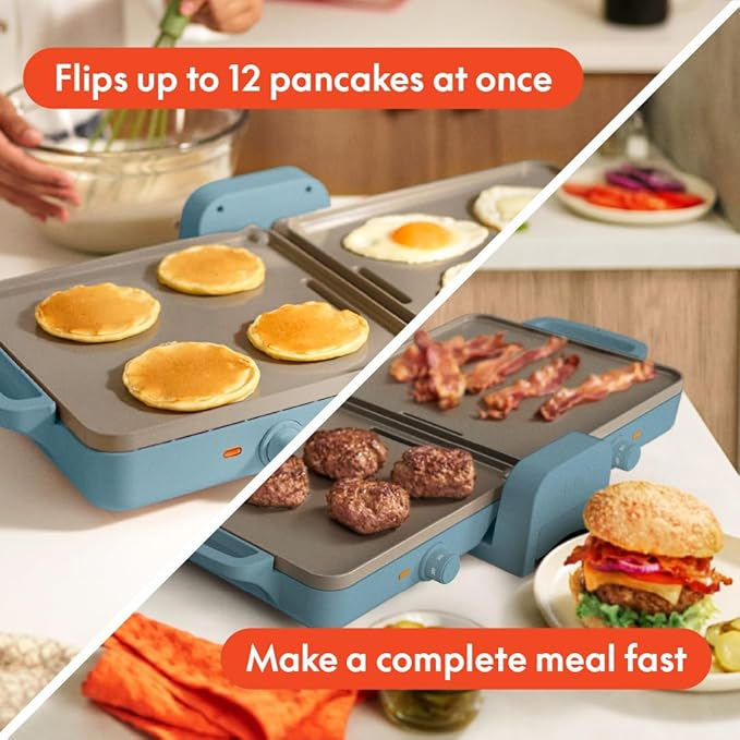 bella 10"x 20" Ceramic Fold-n-Store Dual Temp Griddle, Fits-anywhere™ Kitchenware, EverGood™ Ceramic Nonstick Coating, 2 Temperature Zones up to 400°F, Dishwasher Safe Drip Tray, 1500 Watt, Surf