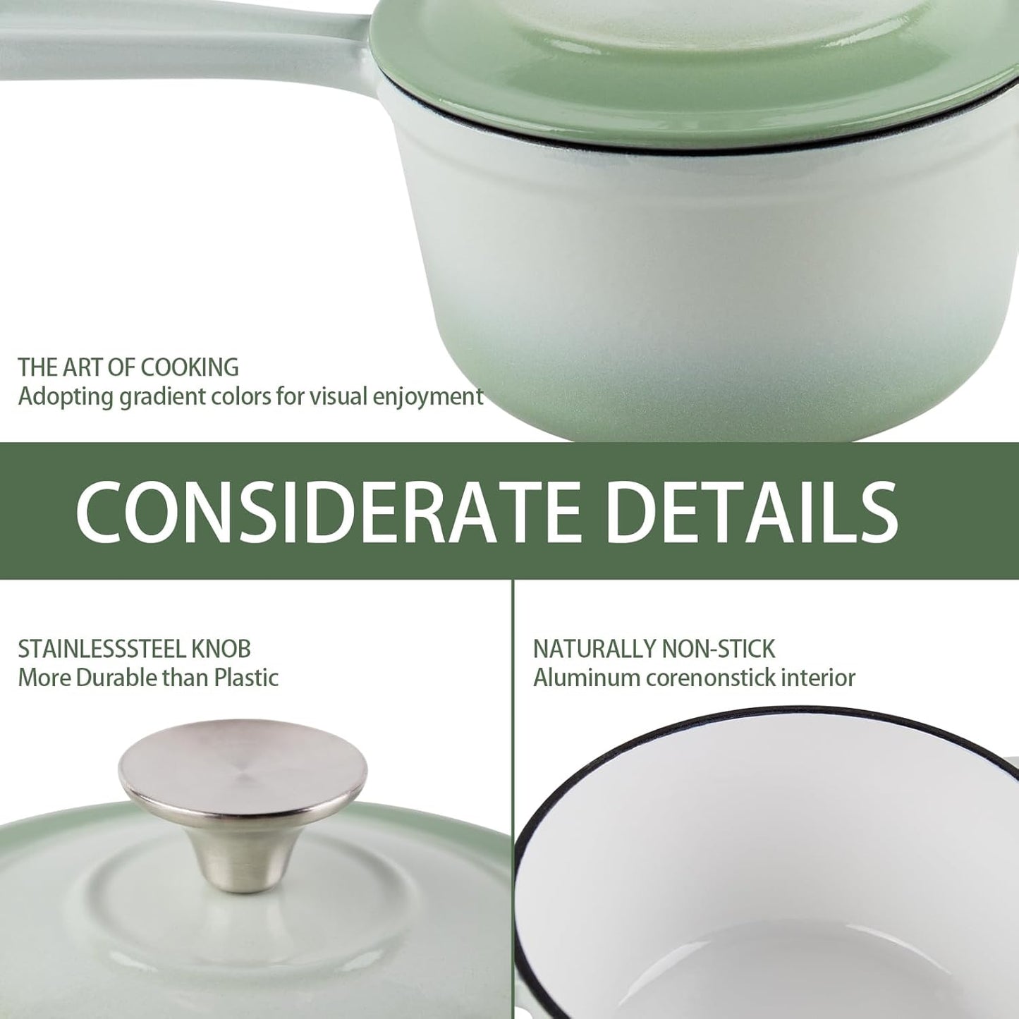 Enameled Cast Iron Sauce Pan, 1.6 Quarts Round Sauce Pot with Lid, Min Dutch Oven Enamel Saucepan for Cooking Pasta Sauce, Gravy, Puddings & Boiling, Gradient Green