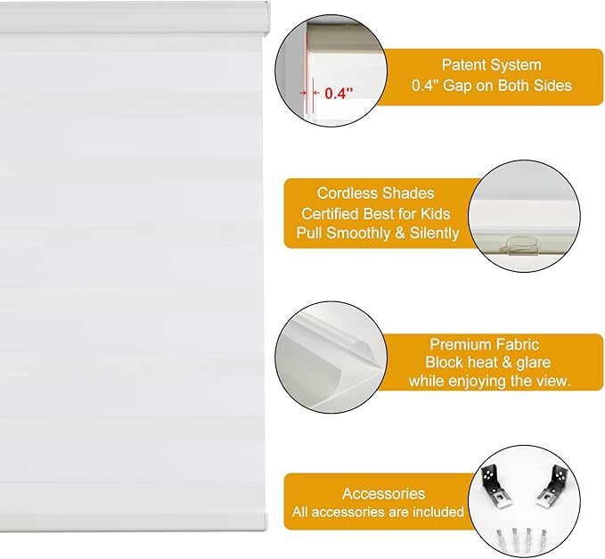 Persilux Cordless Zebra Blinds for Indoor Windows, Free-Stop Cordless, Light Filtering Sheer Shades Dual Layer for Day and Night, Roller Shades for Home (35.5" W X 64" H, Cream)