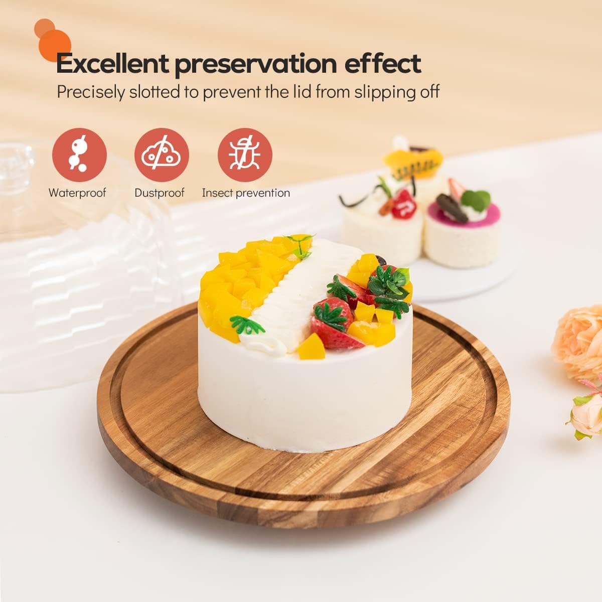 cutesun acacia wood cake stand with lid, 11.8'' Rotating Cake Stand with Dome, Shaterproof 10.4'' Acrylic Cake Display Cover, Cake Holder Tray for Wedding Gift，Kitchen,Birthday,Parties,Baking Gifts