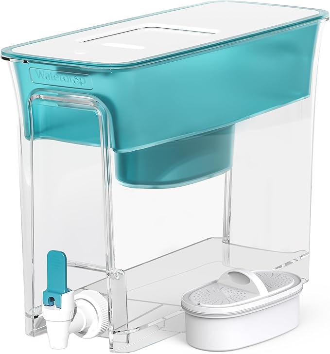 Waterdrop Slim Water Filter Dispenser, Large Capacity, 35-Cup Water Filter Pitcher, 200-Gallon Long-Life, 5X Lifetime, Reduces Chlorine, PFOA/PFOS and More, BPA Free, Turquoise (with 1 Filter)