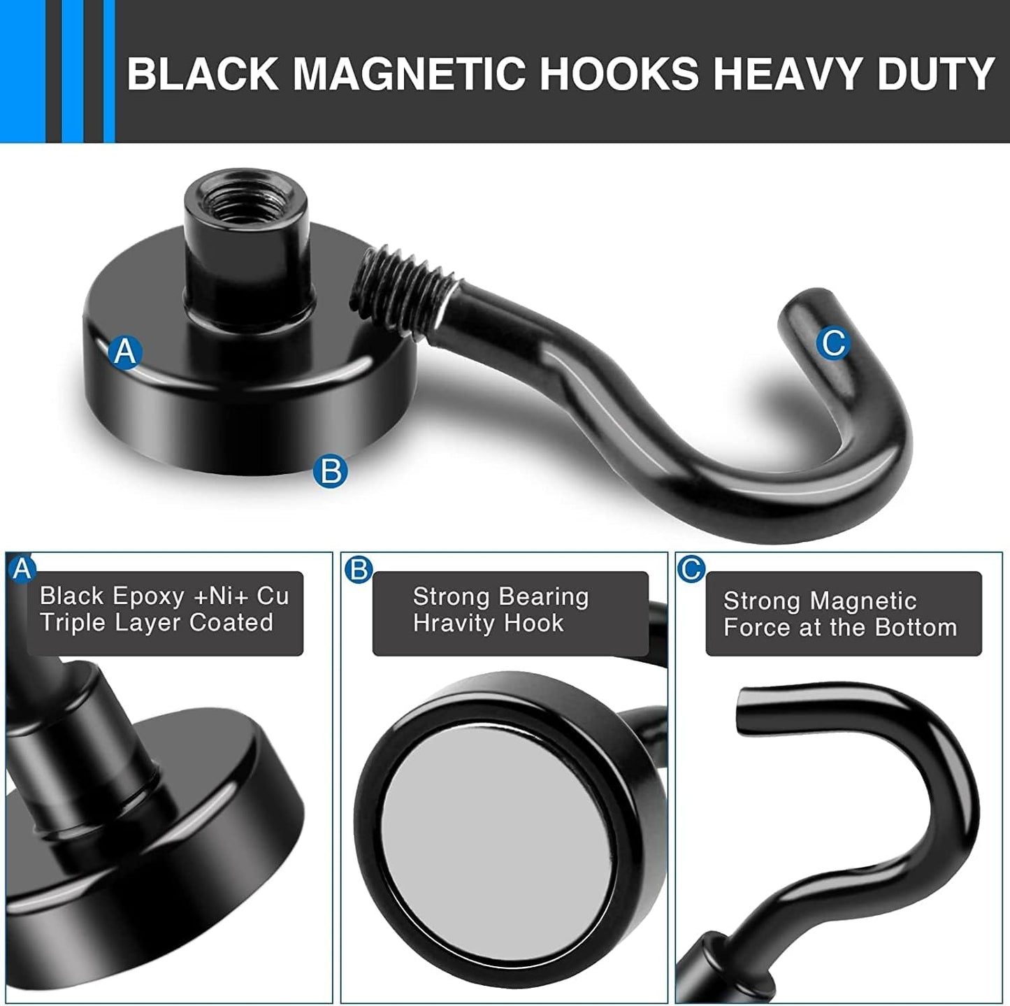 LOVIMAG Magnetic Hooks，30Lbs Magnets with Hooks for Cruise, Black Magnetic Hooks for Hanging, Fridge, Classroom, Refrigerator, Ceiling, Office, Kitchen. Grill, Garage-30Pack