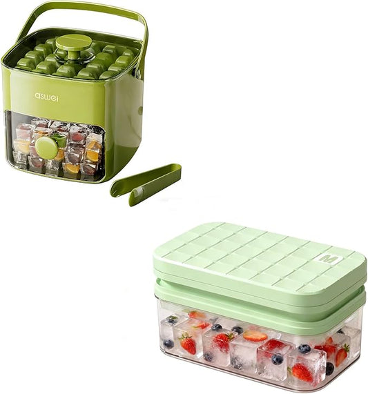 Ice Cube Tray with Lid and Bin + Silicone Ice Cube Trays with Lid and Bin