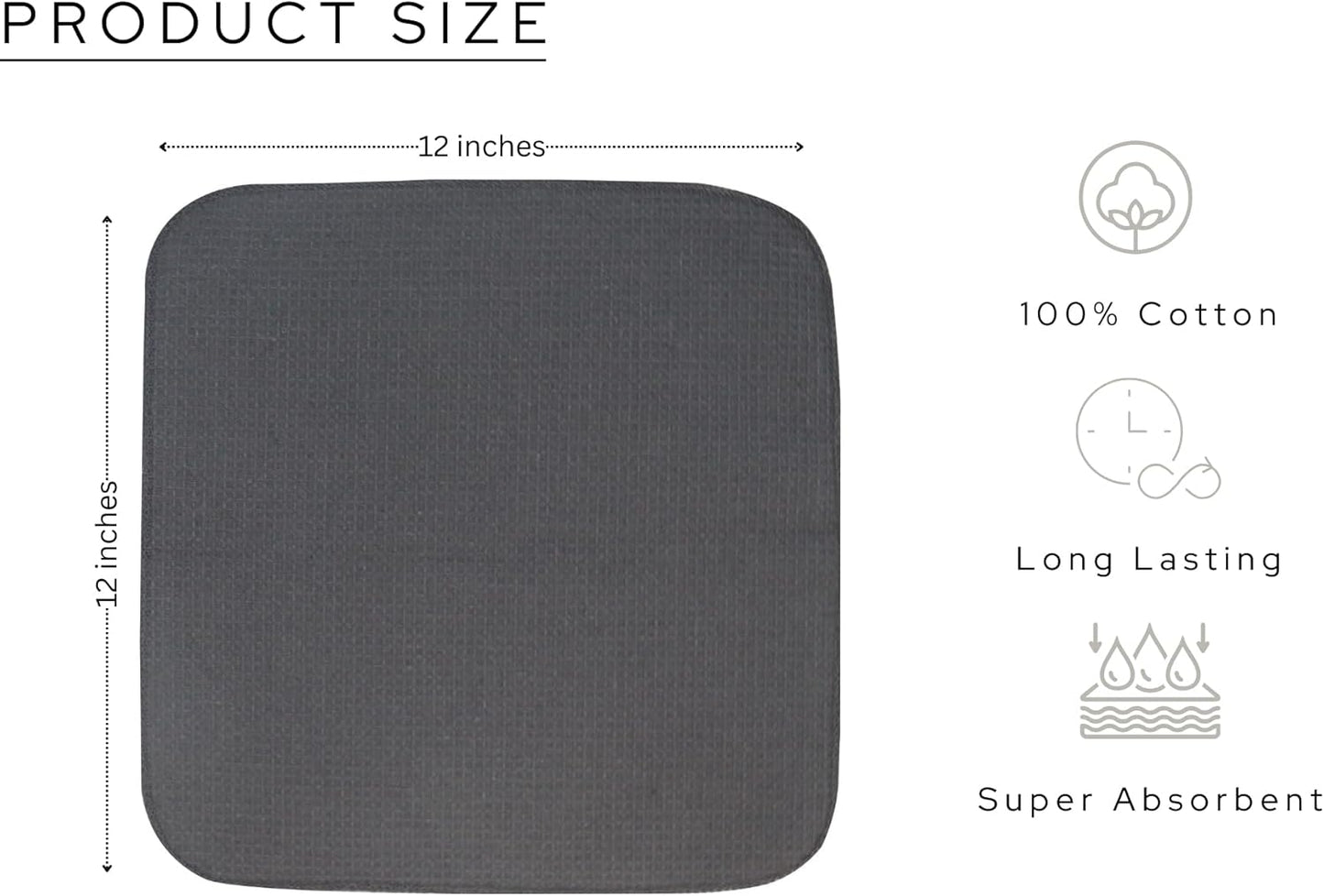 PurpleEssences Dish Cloths and Dish Rags - 6 Pack Waffle Weave Solid Kitchen Dish Wash Cloths, 100% Cotton, 12 x 12 Inches, Ultra Soft Absorbent Quick Drying - Spring Summer - Dark Grey