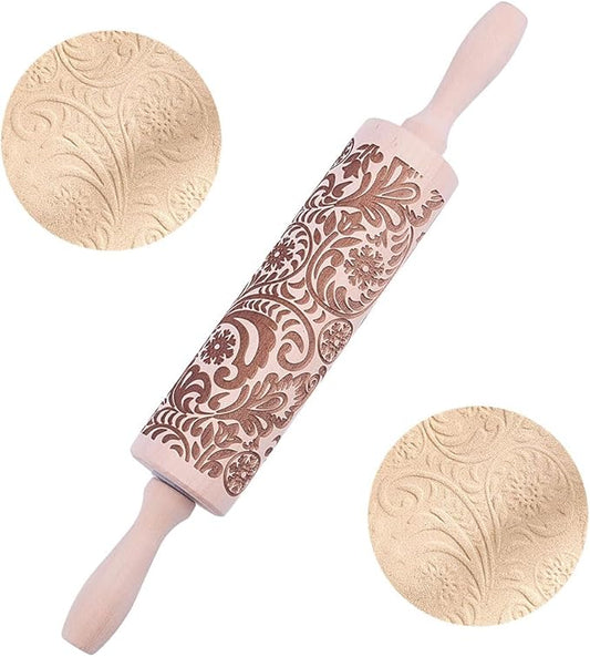 Embossed Wooden Rolling Pin Darker 3D Snowflake Rattan 30cm Rolling Pin for Baking Biscuits DIY Kitchen Tool Baking Accessories Homemade Bakery Pastry Cookie Fondant Dough Pizza