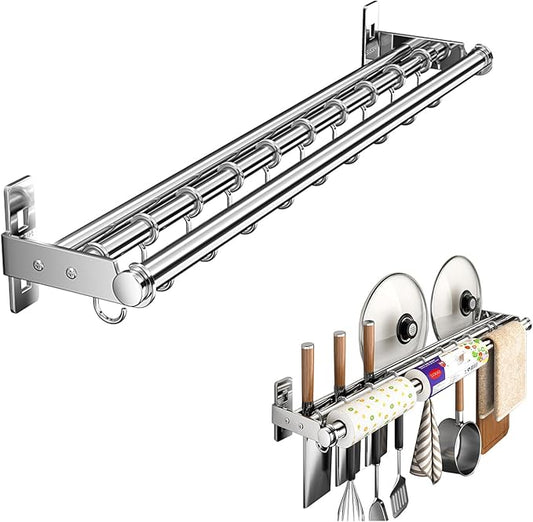 Hanging Wall Mount knife Wall Mount, Kitchen Organizer Storage Shelf for Utensils Spatula Spoon, Space-Saving Knife Rack with Hooks,Wall-Mounted Utensil Holder (Silver, 40CM+Three Poles+6Hooks)