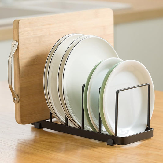 Plate Home Accented Storage Rack, Metal Dish Rack, Plate and Bowl Organizer for Kitchen Cabinets (Black)