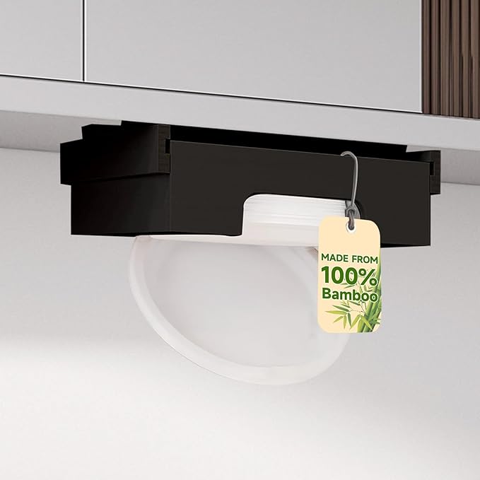 Paper Plate Dispenser Under Cabinet - 9 inch Bamboo Paper Plate Dispenser, Kitchen Counter Vertical Holder Organizer Countertop Caddy Black (9 Inch)