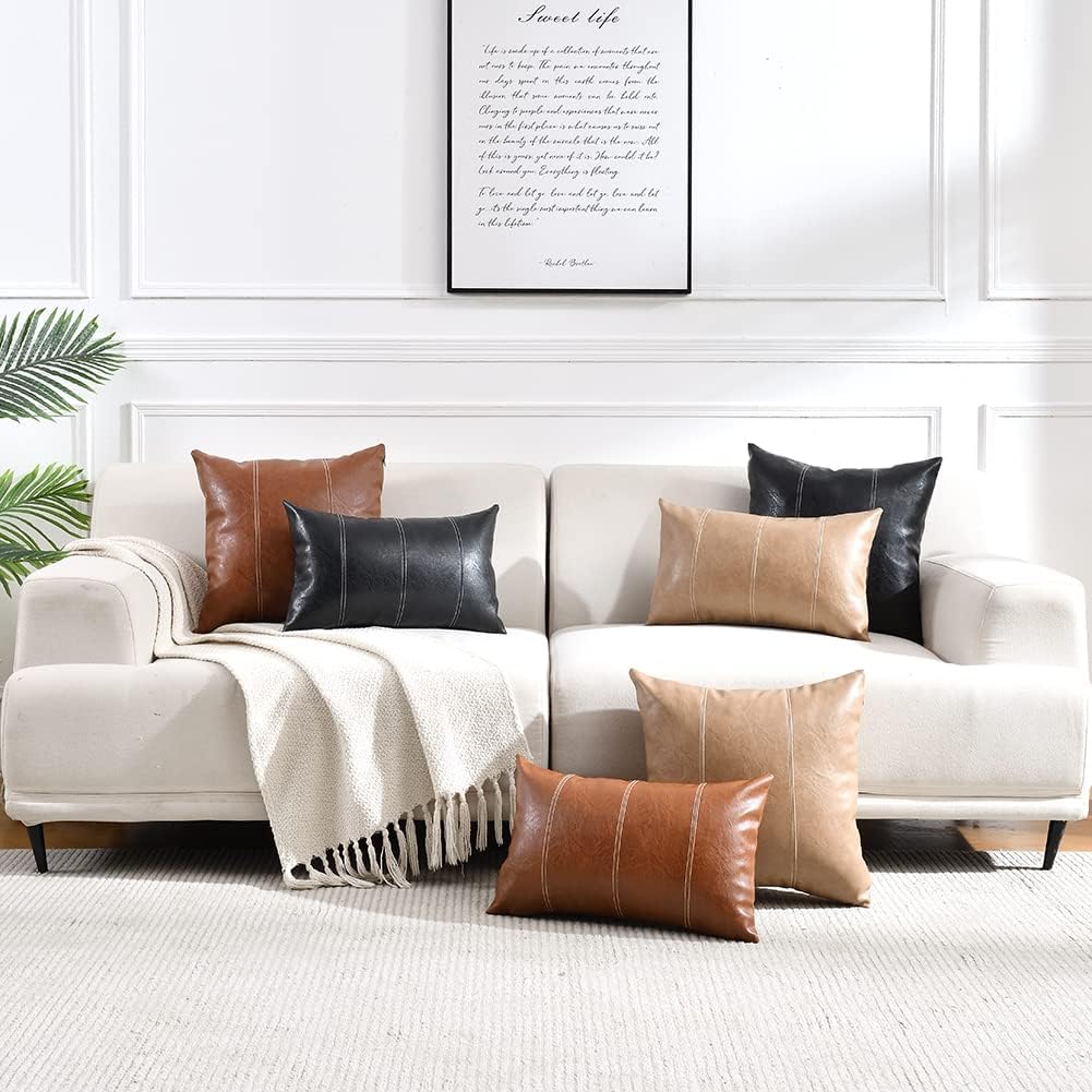 Fancy Homi Brown Boho Long Lumbar Faux Leather Decorative Throw Pillow Covers 14x20 Inch for Living Room Couch Bed Sofa, Hand Stitched Rectangle Cushion Case, Rustic Modern Farmhouse Home Decor
