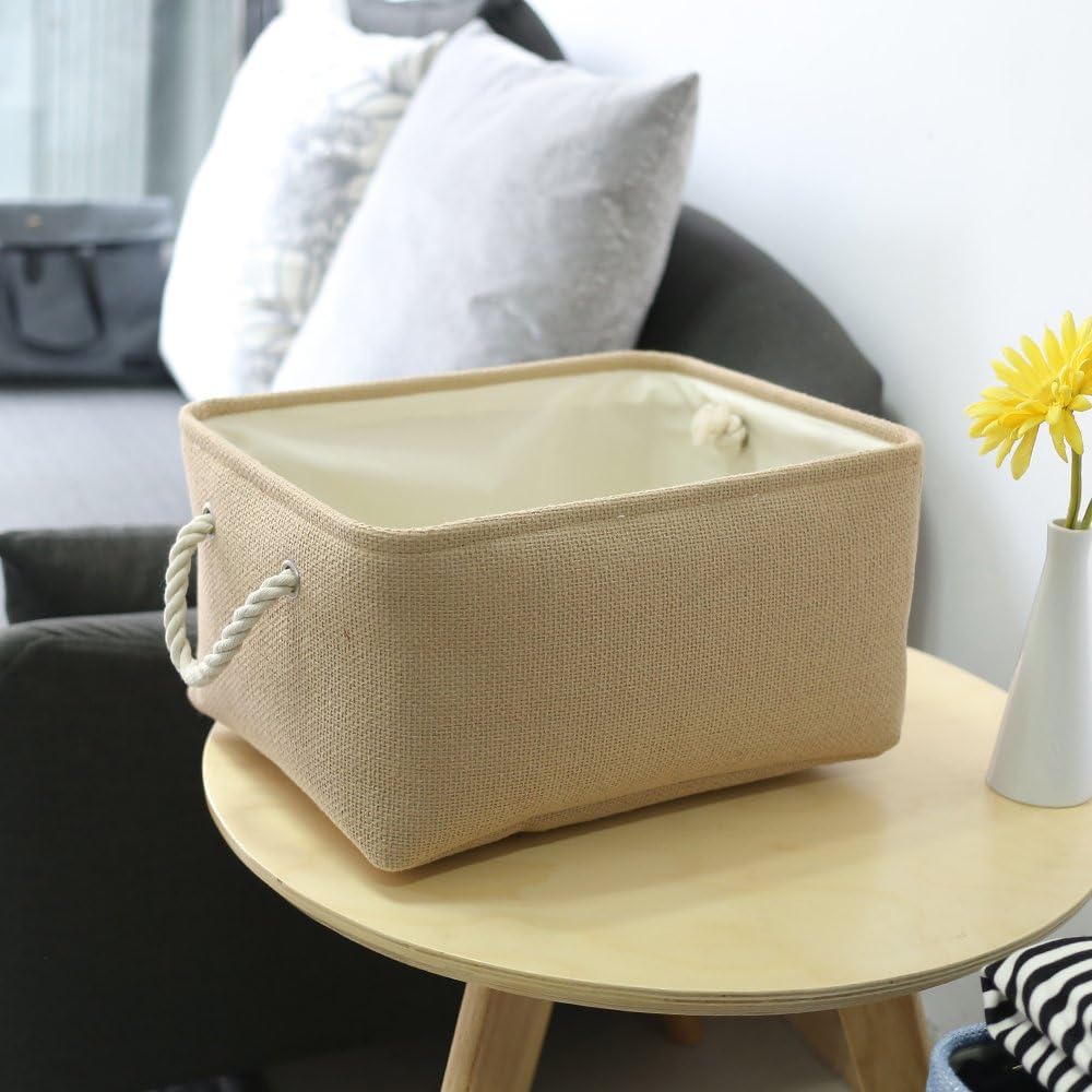 TheWarmHome Decorative Basket Rectangular Small Storage Basket Fabric Storage Bin Organizer Basket with Handles for Clothes Storage (Beige, 11.8L×7.9W×5.2H inch)