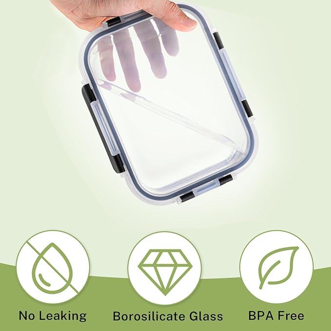 8 Pack Borosilicate Glass Food Storage Containers with Lids, Glass Meal Prep Containers, Airtight Bento Lunch Boxes with Snap Locks, Oven, Freezer and Dishwasher Safe, BPA Free, Kitchen Storage Set