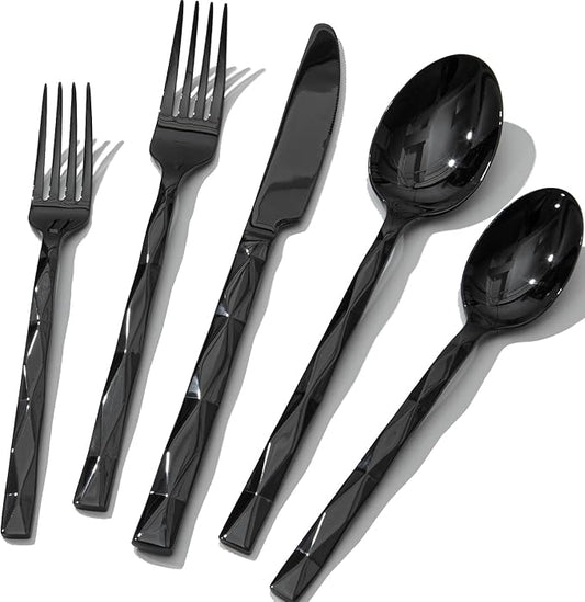 KINGSTONE Black Silverware Set, Luxury 20 Piece Flatware Set for 4, 18/10 Stainless Steel Cutlery Set with Diamond Cut Pattern for Kitchen, Home, Wedding, Party, Mirror Polished and Dishwasher Safe