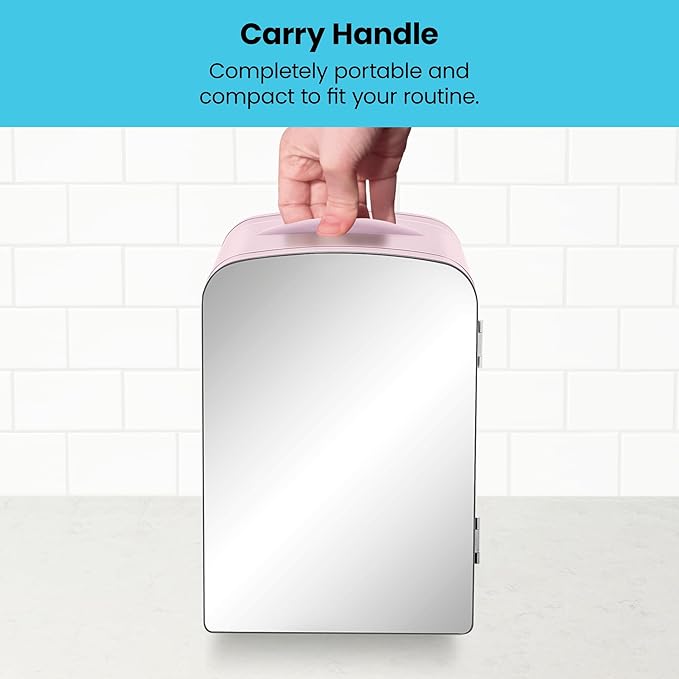Chefman - Iceman Portable Mirrored Personal Fridge 4L Mini Refrigerator, Skin Care, Makeup Storage, Beauty, Serums & Face Masks, Small For Desktop Or Travel, Cool & Heat, Cosmetic Application, Pink