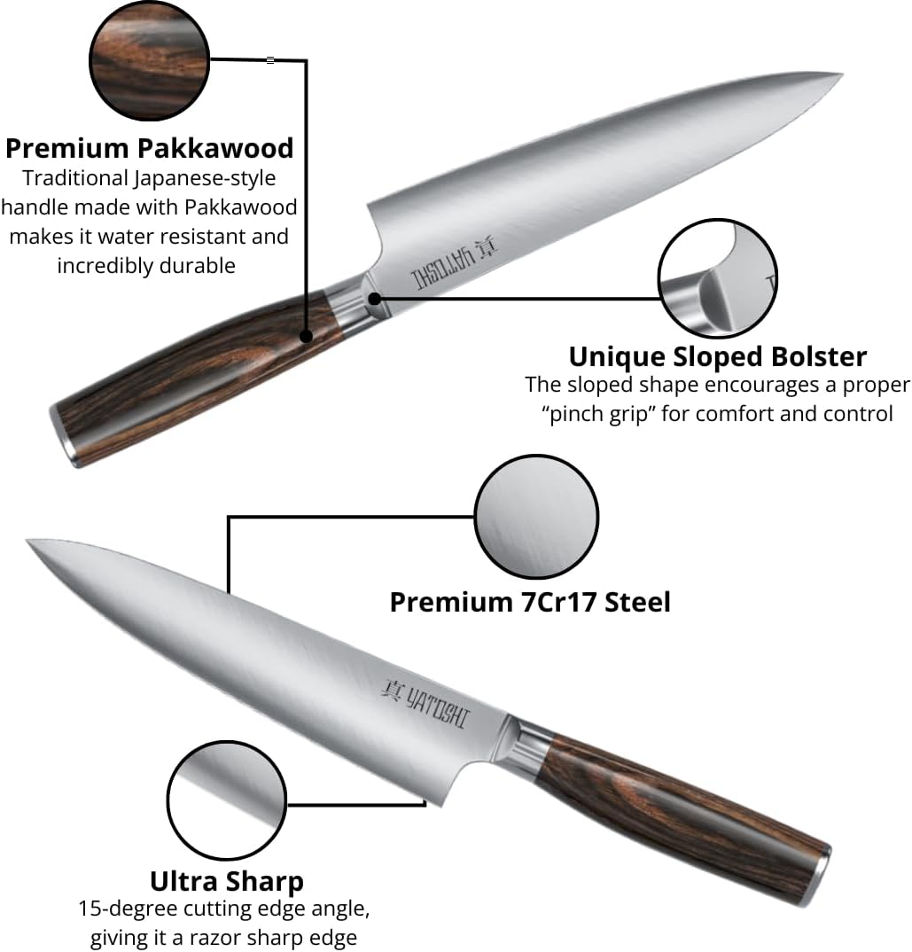 Yatoshi Kitchen Knife Set - 3 Piece, Ultra Sharp High Carbon Stainless Steel, Full Tang