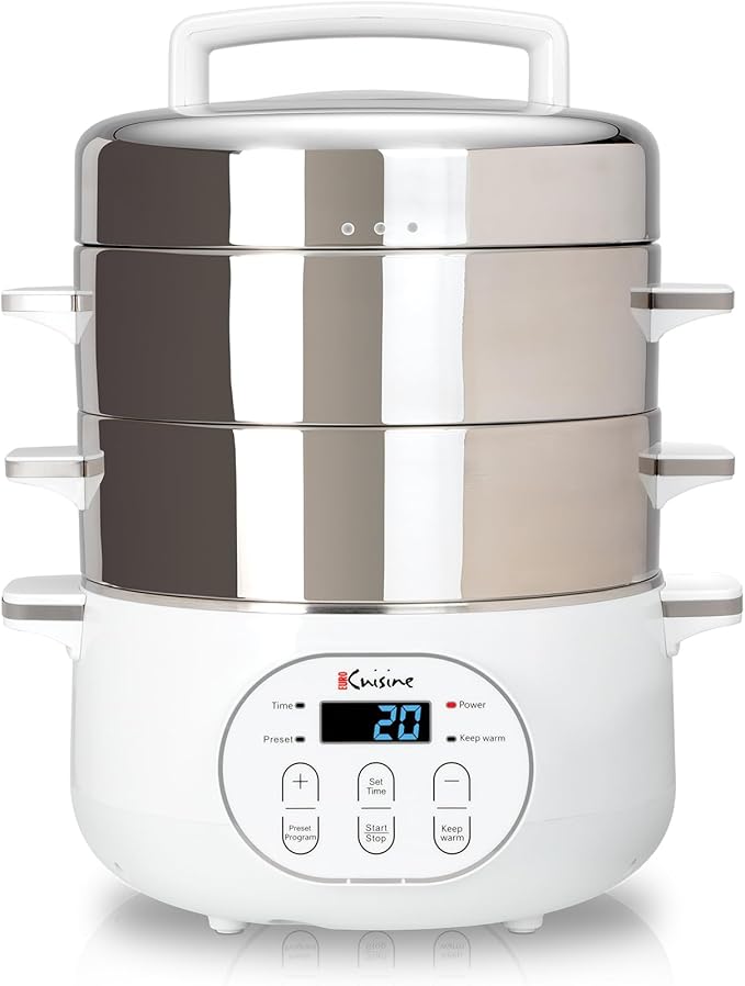 Euro Cuisine FS2500 Electric Food Steamer, Versatile Vegetable Steamer & Steam Cooker Ideal for Fish, Veggie, Meat, Stainless Steel 1200 Watts
