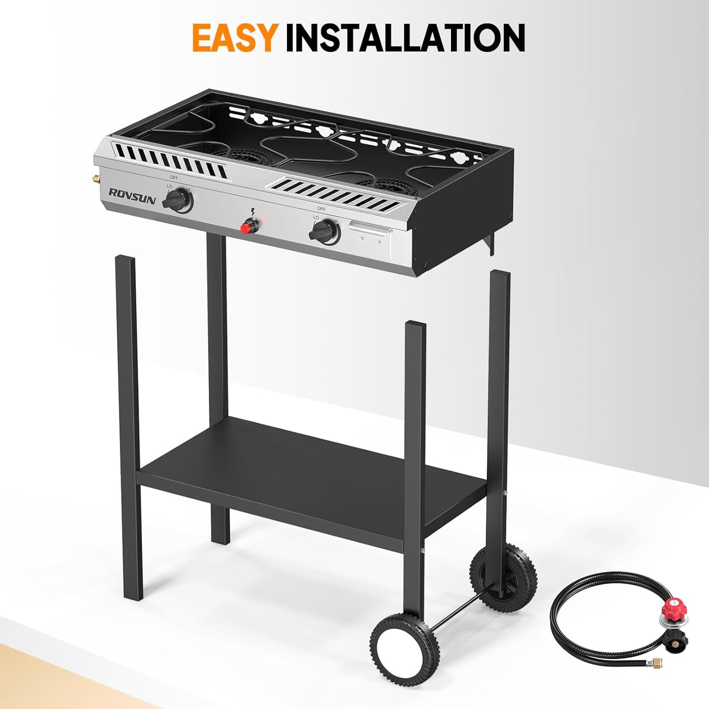 ROVSUN 2 Burner Outdoor Propane Gas Stove with Auto-ignition, Regulator & Shelf, 150,000 BTU Powerful Stand Cooker for Backyard Patio Cooking Home Brewing Canning Turkey Frying