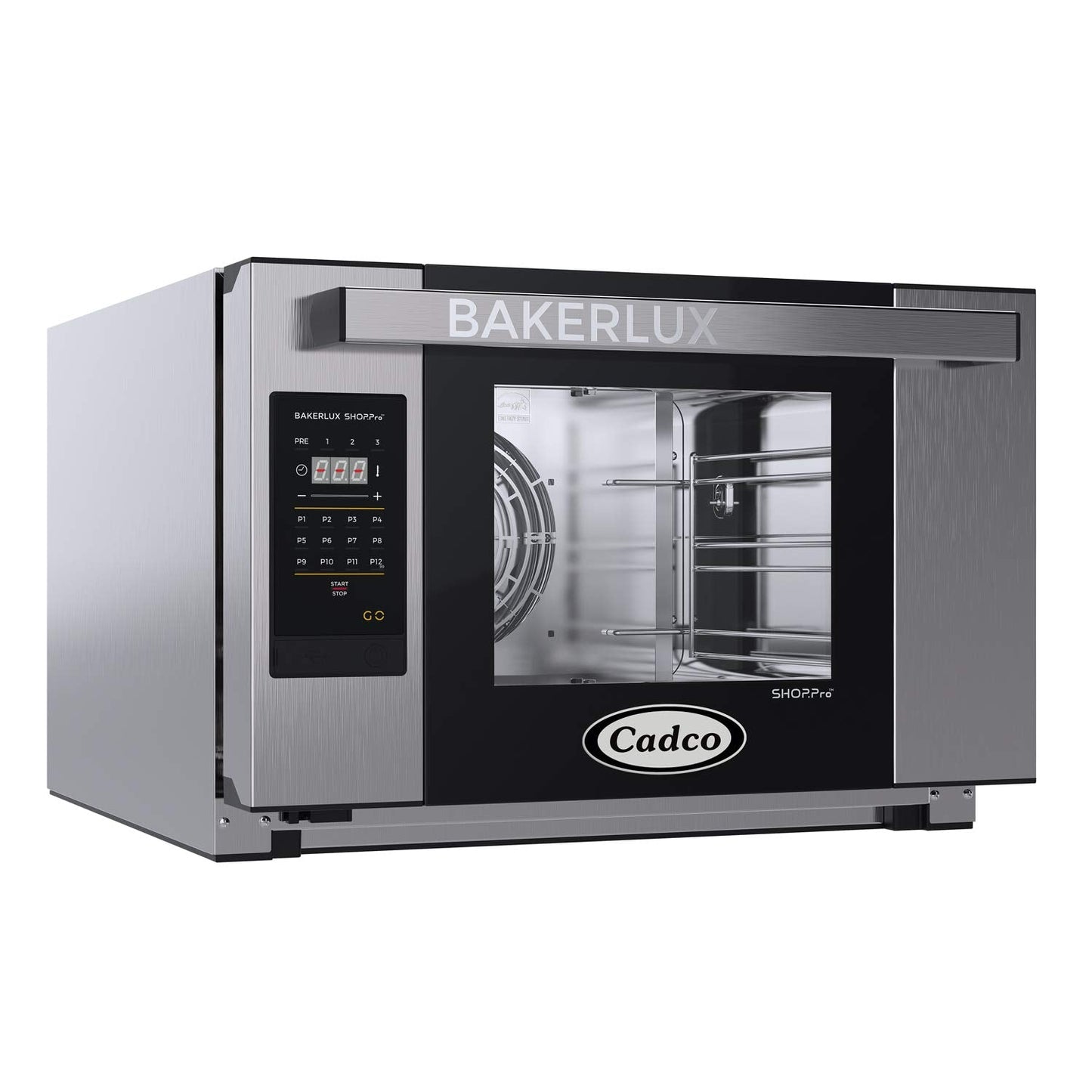 Cadco XAFT-03HS-GD 23-5/8" Bakerlux GO Half-Size Heavy-Duty Countertop Digital Convection Oven for Restaurant Hotel Food Truck Concession Kiosk, 3 Shelves, Stainless Steel, 120V, NSF